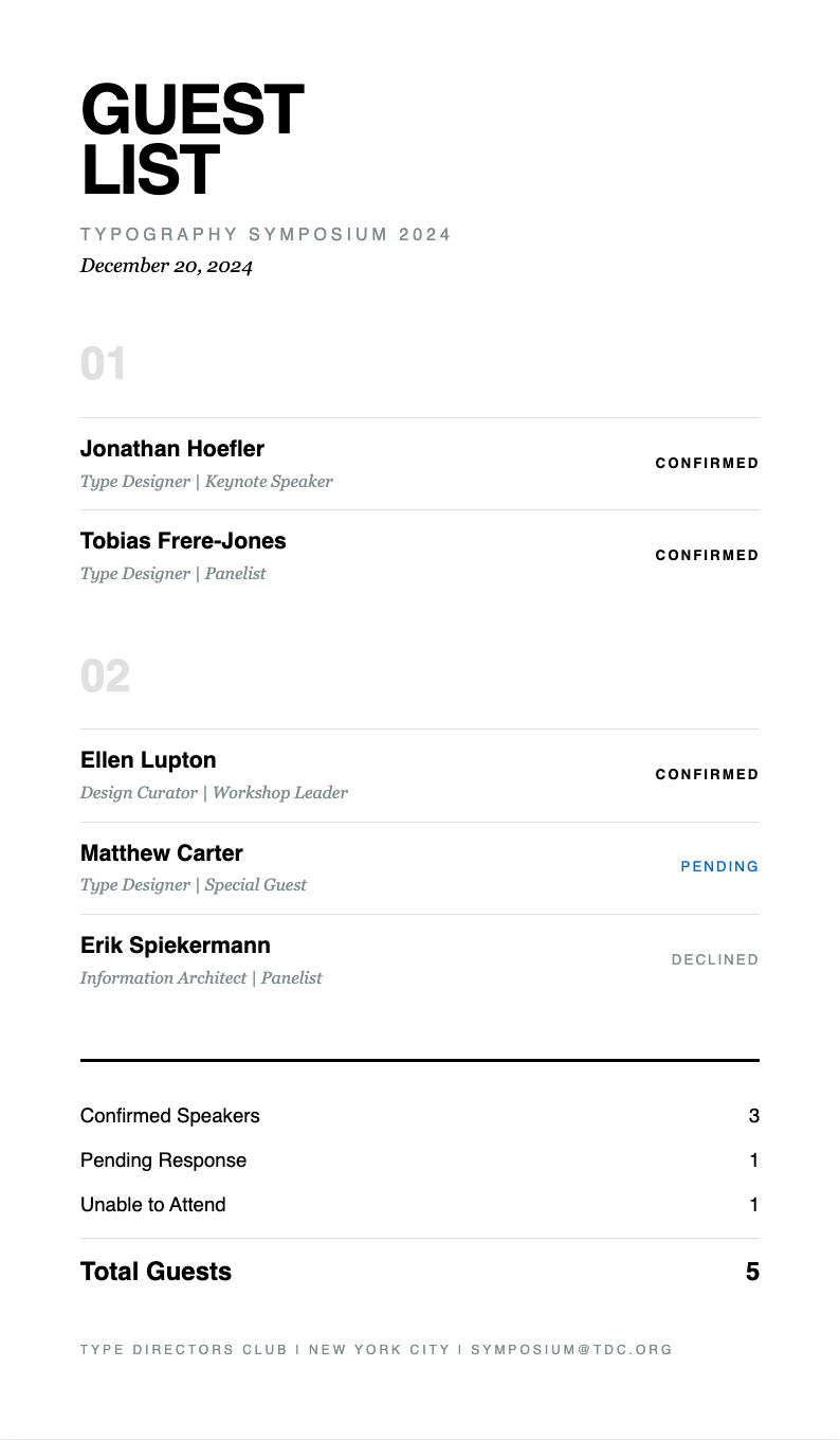 Typographic only guest list